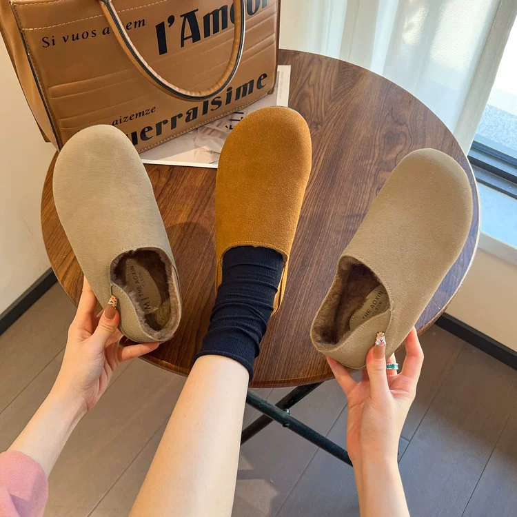 Ретро обувь Birkenstock для женщин 2024 зима новый стиль слепон плоская подошва внутренний подъем плюс бархат теплая повседневная обувь из хлопка