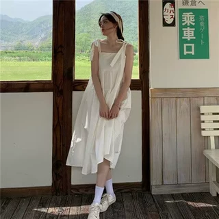 白色吊带裙夏季2023新款小清新蝴蝶结系带中长款初恋裙子连衣裙女