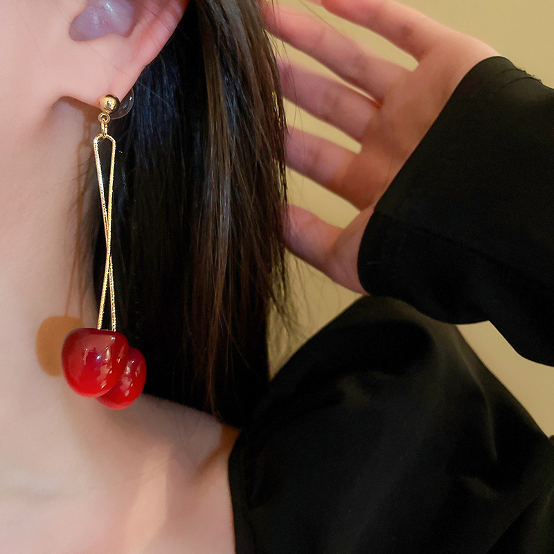 Cherry Pattern 1 Pair Exaggerated Sweet Cherry Plating Arylic Alloy Drop Earrings
