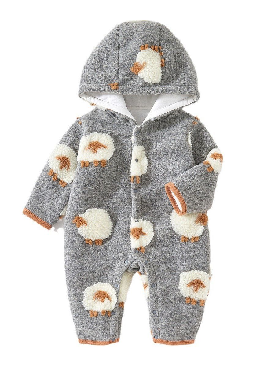 Bebé mono Otoño e Invierno engrosado cálido mameluco con capucha ropa de algodón acolchado niños y niñas bebé lindo mameluco tridimensional ovejas