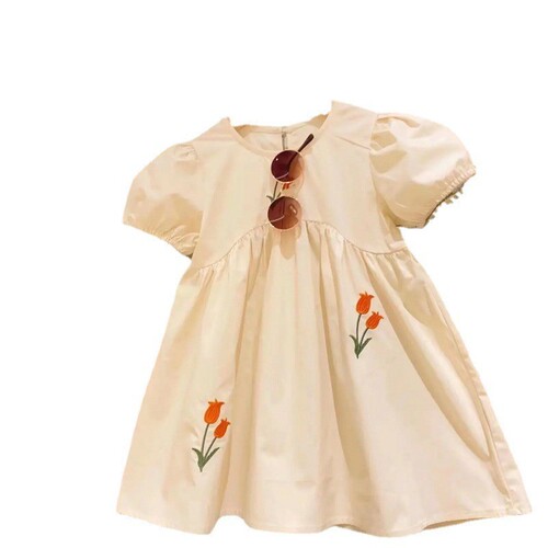 Korean version of children's clothing version of girls' flower embroidered puff short-sleeved irregular waist style princess dress 2024 summer fashion trend