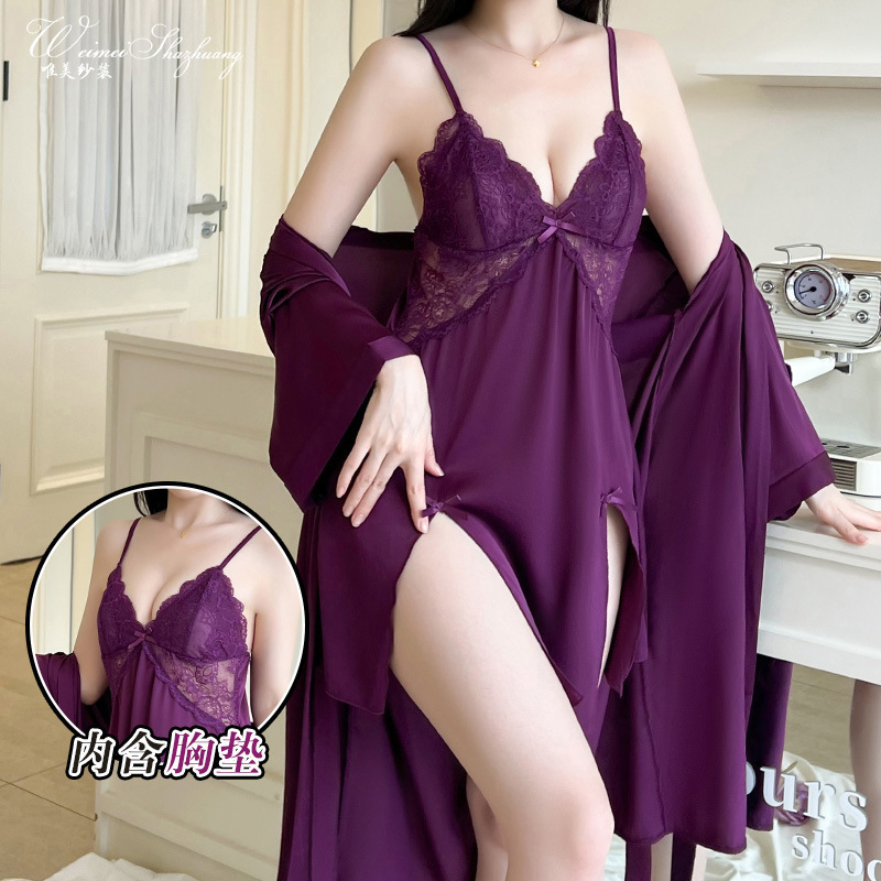 Beautiful New Style Sexy Nightgown for Women with Side Slits, Lace See-Through Temptation Home Sleepwear, Deep V Strap Nightgown