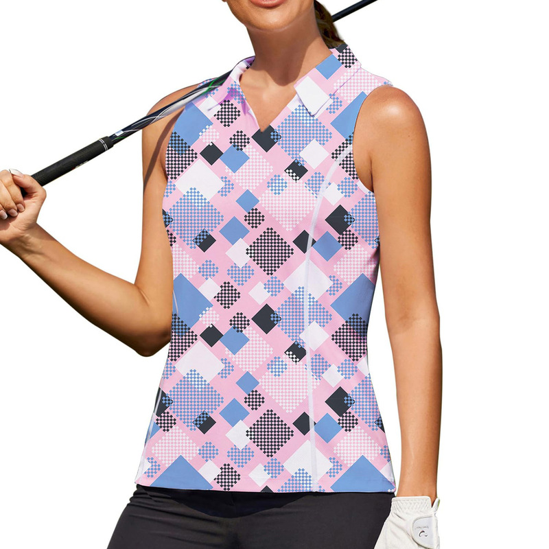 Cross-Border Fashion New Summer Style Women's Golf Printed Sleeveless Top with Lapel Slim Fit Geometric Style Sports Vest Cross-Border Fashion New Summer Style Women's Golf Printed Sleeveless Top with Lapel Slim Fit Geometric Style Sports Vest