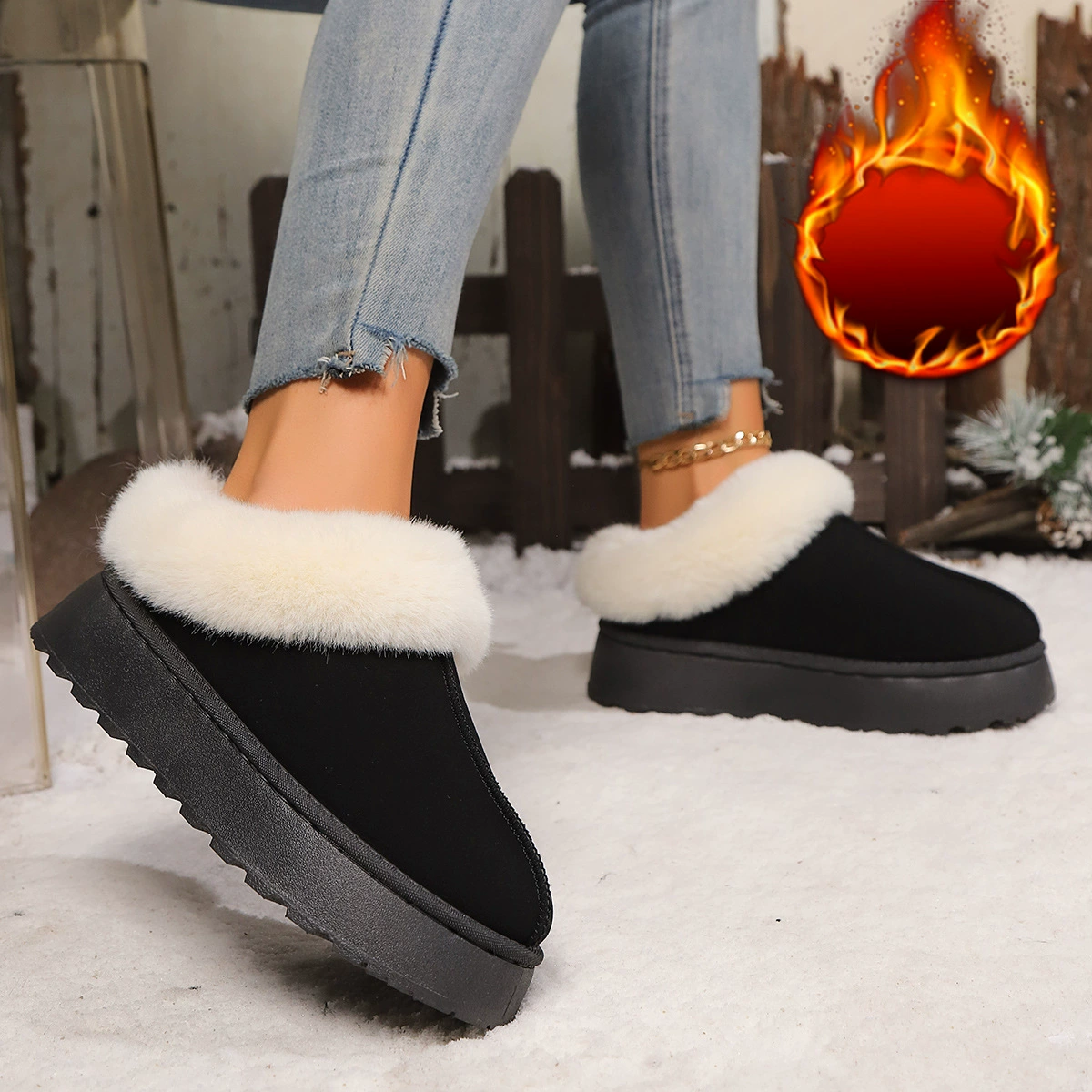 Platform ankle boots, faux‑fur lined warm slip‑on, plus sizes 36–43, black or yellow