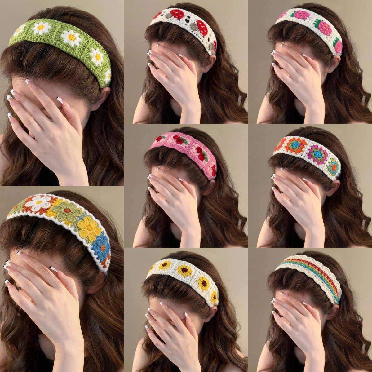 Korean-Style Sweet Knitted Magic Tape Floral Headband for Women, Lazy Pastoral Style, Hairband for Bangs and High Crown Hair