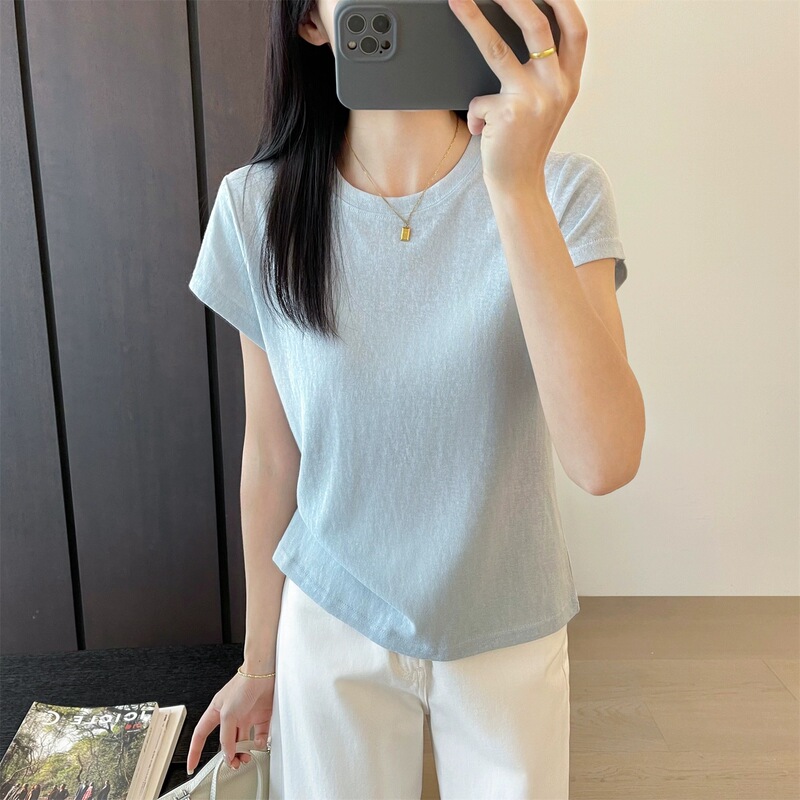 夏用の女性用テクスチャードショルダーソリッドカラーカジュアルラウンドネック半袖Tシャツ、ゆったり、多用途、スリム、通気性、薄い半袖|undefined