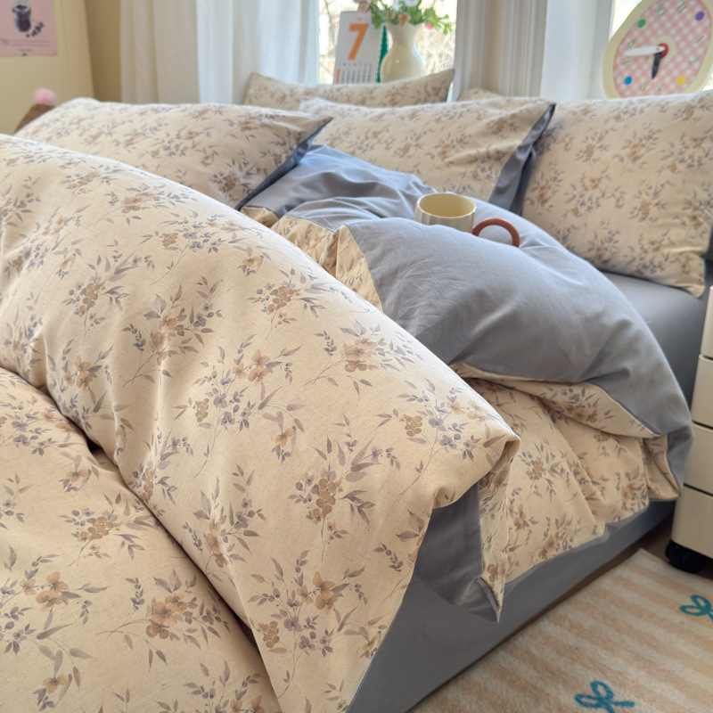New Cotton-Linen Printed Four-Piece Set, Retro Cotton-Linen Style, Moisture-Absorbent and Breathable, a New Favorite for the Bedroom, High-End, Shipped from Nantong