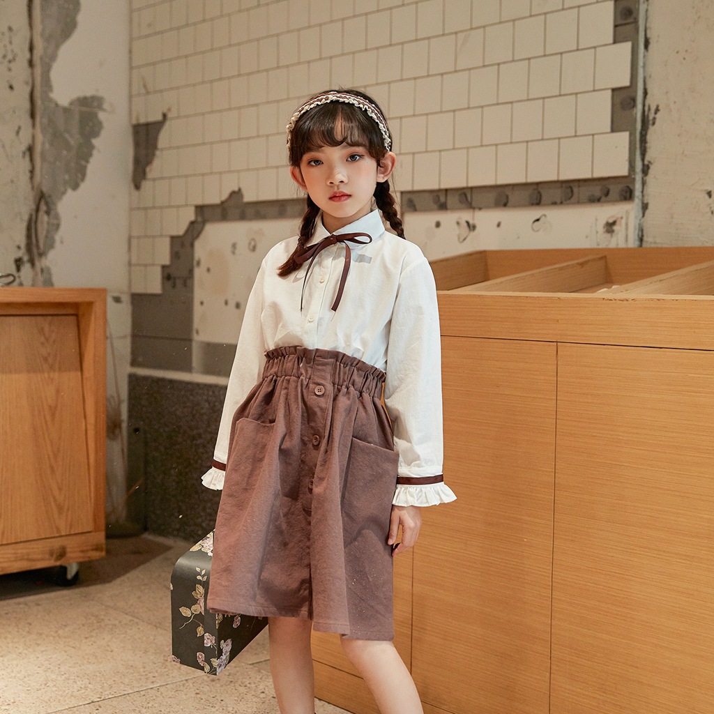 H2130品牌童装2021春季新款儿童上衣 中小童衬衫丝带领结女童衬衣|ru