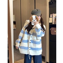 大码慵懒风拼色条纹连帽毛衣外套女秋冬季韩系宽松学针织开衫上衣