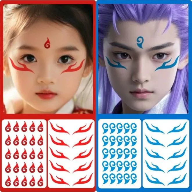 Детские наклейки Nezha для татуировок на глазах и лбу, синие наклейки для татуировок Ao, наклейки для бровей COS, наклейки для бровей с легким дымом