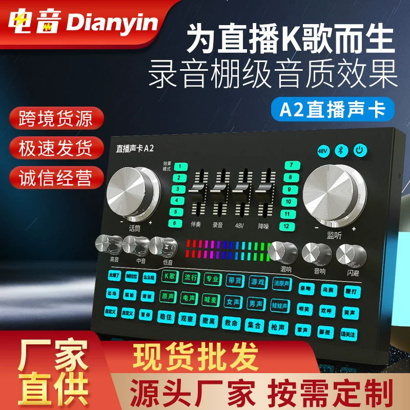Комплект звуковой карты A2 с микрофоном 48В для караоке, записи песен, видеозаписи, мобильного телефона, компьютера, оборудования Kuaishou, Douyin с функцией прямой трансляции и микрофоном.