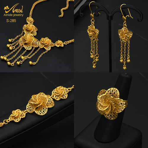  Dubai 24k Gold Plated Flower Hollow Jewelry Set Necklace Earrings Bracelet Ring Middle Eastern Dubai Accessories