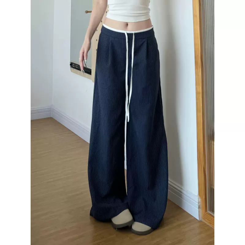 大码韩系条纹西装裤女秋季新款胖mm高腰宽松显瘦垂感阔腿拖地长裤