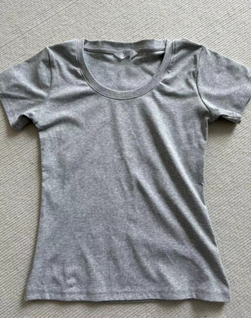 クラシックベーシックUネックグレー万能半袖Tシャツレディースアメリカンスリムフィット半袖トップローネックボトリングシャツ|undefined