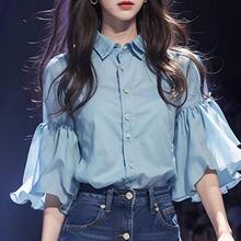 衬衣2024年新款女浅蓝色荷叶袖衬衫设计感奶系温柔法式独特小上衣