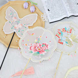 古风珍珠刺绣团扇古典扇新中式长短柄圆团扇绣花扇汉服舞蹈扇批发