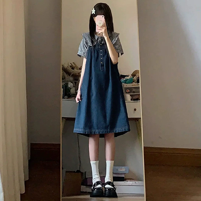 Джинсовая юбка-костюм для девочек-подростков летом 2025 новый стиль средней школы японское сладкое платье