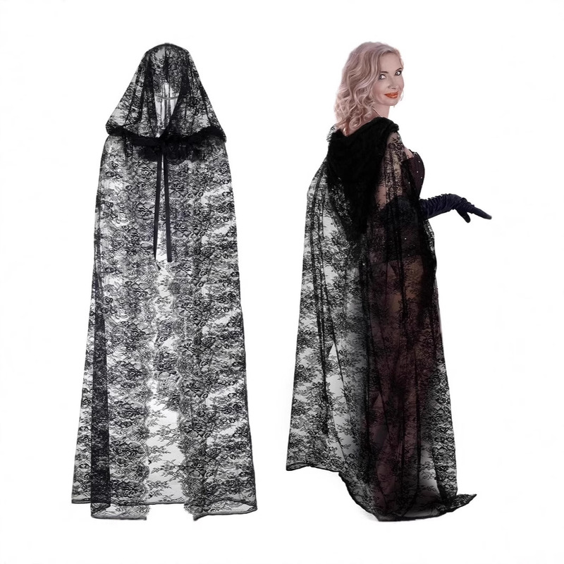 European and American Black Halloween Similar Chiffon Shirt Lace Shirt Witch Cloak Ghost Costume Thin Shawl Cos