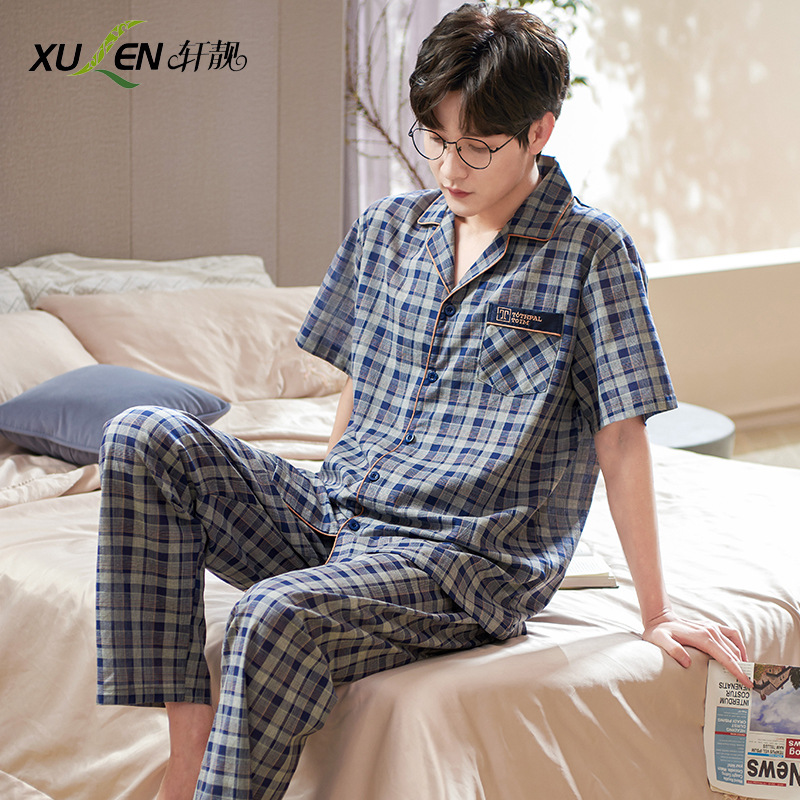 Pijamas de hombre verano Delgado 100% algodón pantalones de manga corta Cardigan a cuadros ropa para el hogar verano más traje de tamaño