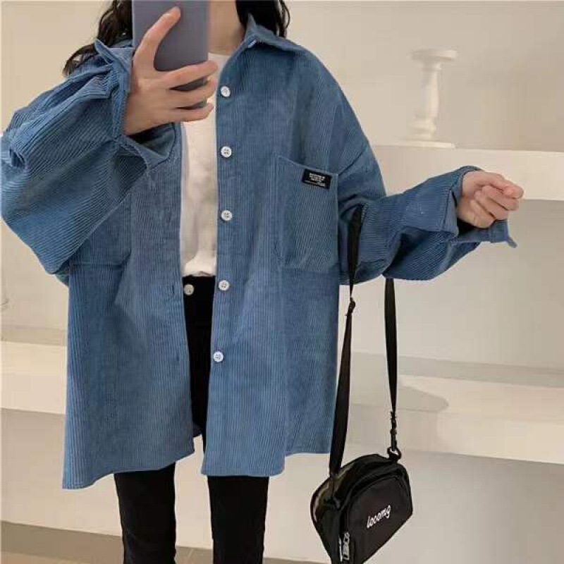 Corduroy Shirt Women's Autumn Long Sleeve Top Spring and Autumn Korean Style Loose bf Lazy Boyfriend Style Blue Shirt Jacket