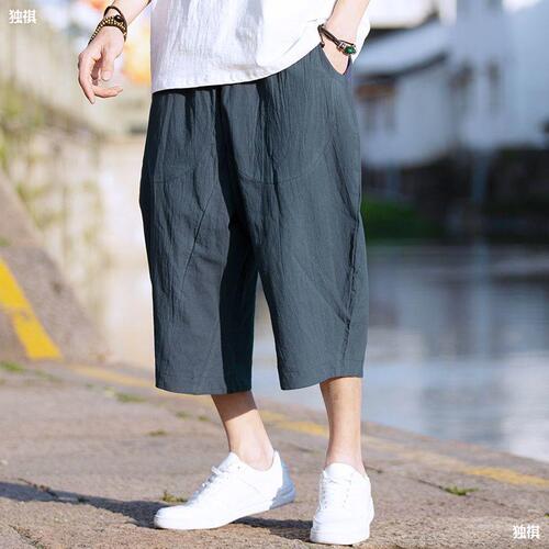 Men's Summer 7/8 Length Linen Casual Loose Straight Leg Pants Chinese Style Wide Leg Cotton-Linen Beach Shorts Trendy