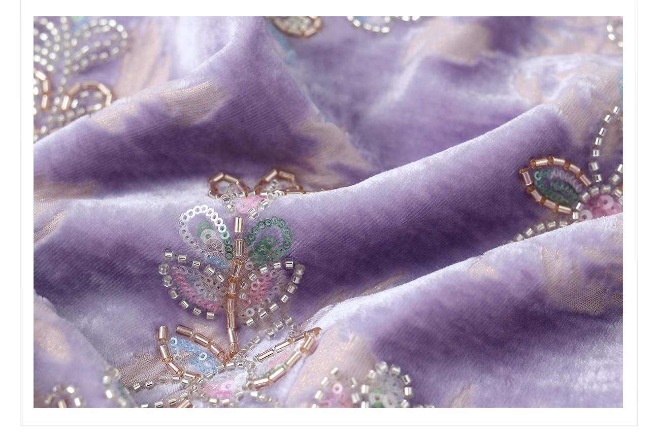 Đầm maxi nữ thắt eo phong cách cổ điển sang trọng kết hợp lông đà điểu và đính sequin thêu — màu tím chi tiết 19