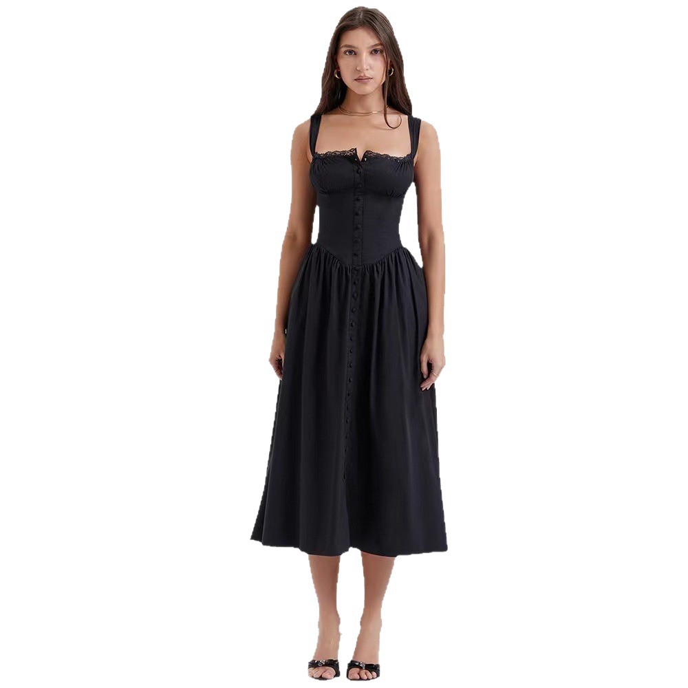 2023 Summer Camisole Dress With Front Buttons, Back Tie, Lace Trim Above The Bust, Elegant And Stylish_voghion.com