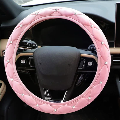 Steering wheel cover Four-Season Universal Diamond Soft Leather - pink-without-inner-ring-38cm