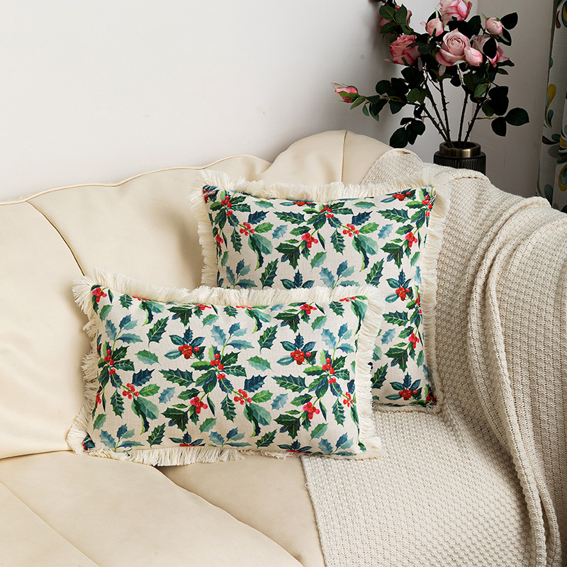 New Arrival Tassel Edge Decorative Plant Flower Cotton Linen Printed Pillowcase Home Decorative Sofa Cushion Cover_voghion.com