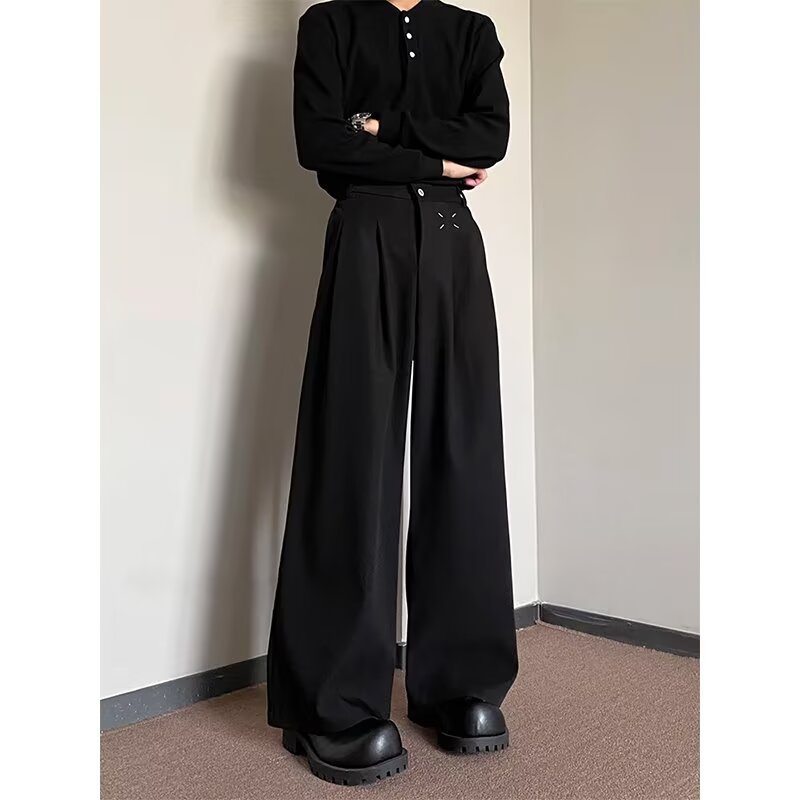 High Street American-Style Deconstructed Men's Trousers for Autumn, with a Drapey and Sophisticated Feel, Black Loose Slimming Flared Wide-Leg Pants