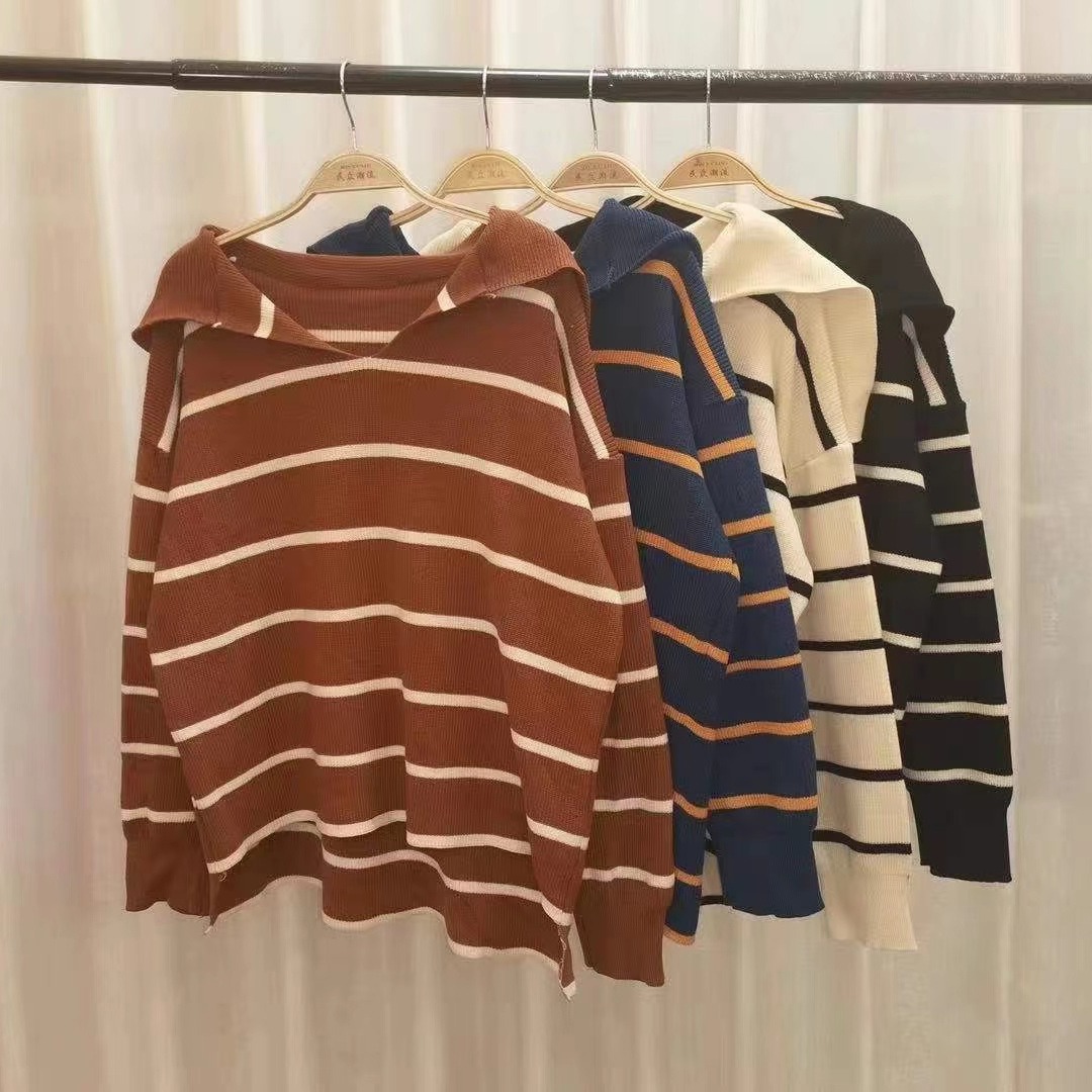 Sailor Collar Western Style Striped Loose Long Sleeve Top Women