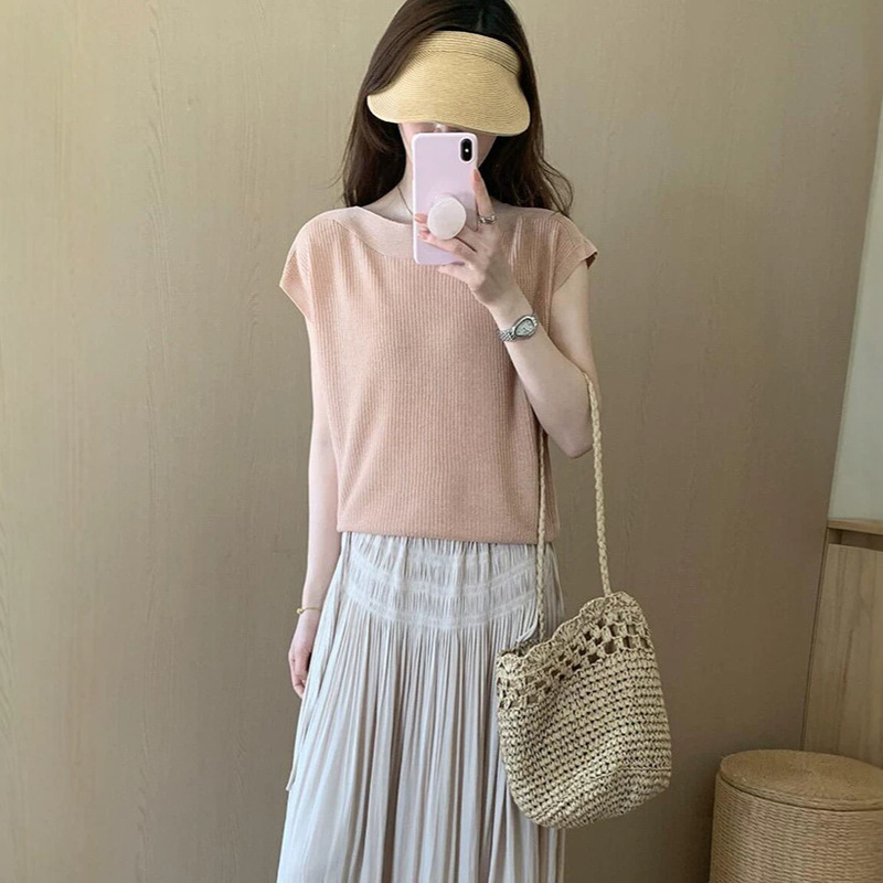 Cross-Border Korean-Style Gentle and Lazy Pink Ice Silk Knit Top for Women, New Summer Wide-Necked Flutter-Sleeve T-Shirt