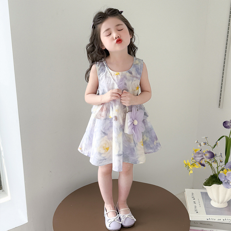 Girls Dress Summer Dress 2025 New Style Children's Floral Vest Dress Girls Summer Princess Cotton Dress