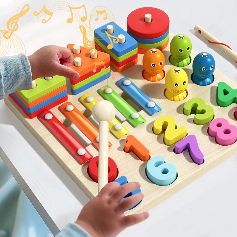 Juguetes de madera para niños transfronterizos, columna de cubierta de pesca, piano, coordinación mano-ojo cuatro en uno, juguetes cognitivos de color