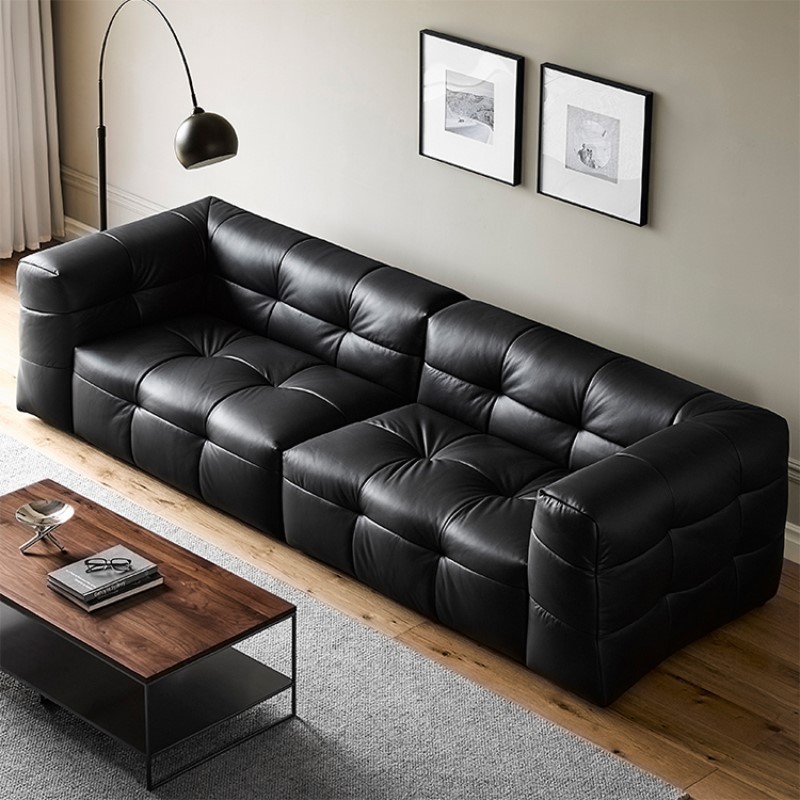 Sofá de cuero de algodón caramelo italiano minimalista tire hebilla sofá primera capa de piel de vaca sala de estar sofá de fila recta diseñador negro