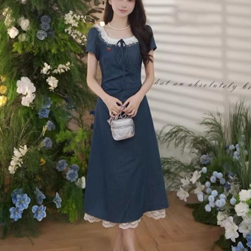 2025 夏の新スタイルフレンチブルースクエアカラードレス女性のウエスト痩身美しいスカート|undefined