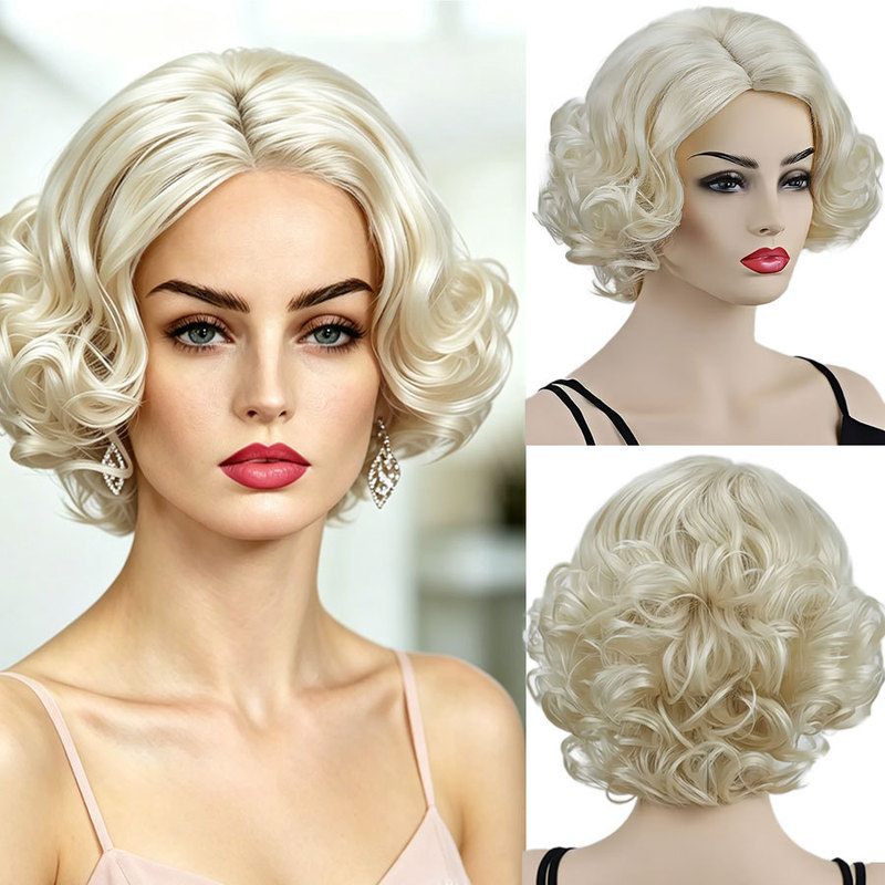 Marilyn Monroe Style Wig, Fluffy Golden Short Curly Hair, Vintage Cosplay, High-Temperature Fiber Full Wig