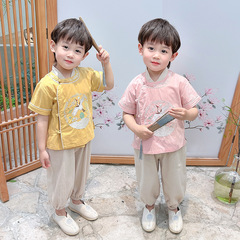 Chinese-style children's Tang suit set for boys and girls, with embroidery, cotton and linen short-sleeve performance costumes for kindergartens, wholesale.