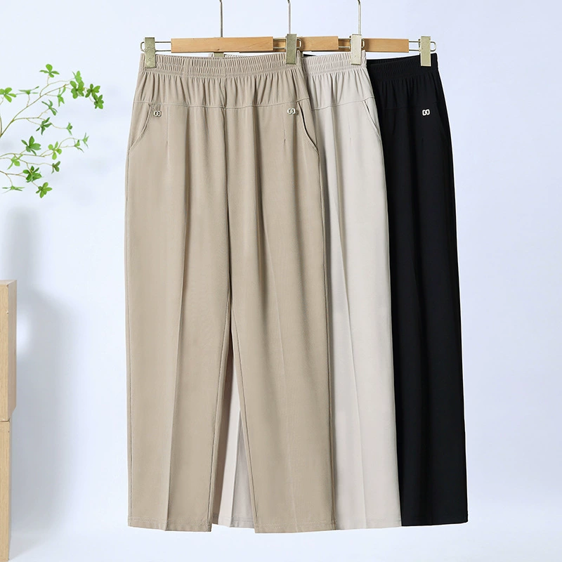 Летние тонкие укороченные брюки для мамы, тонкие эластичные повседневные универсальные брюки с высокой талией для женщин среднего и пожилого возраста.