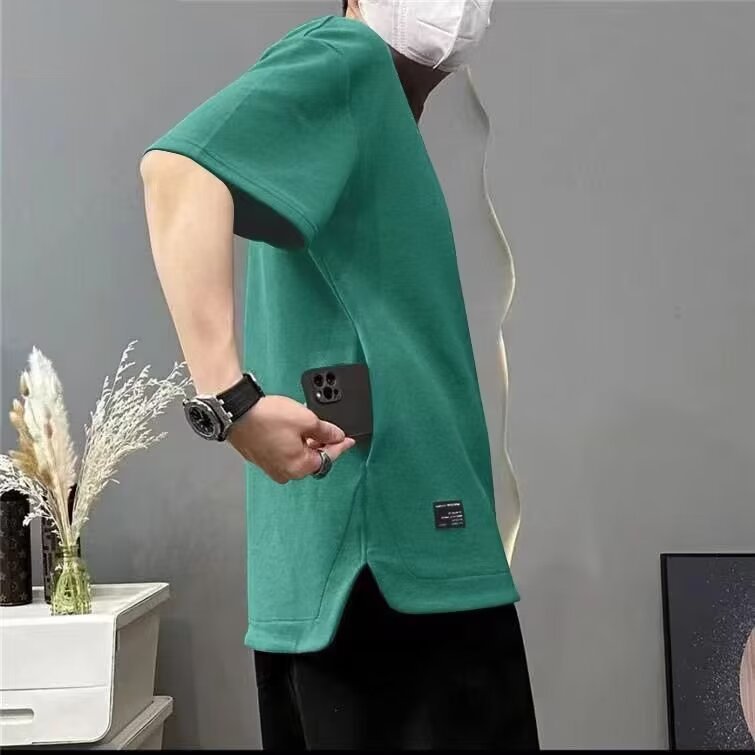 Men's Clothing Hidden pocket heavy waffle men's short sleeved round neck summer solid color loose large size T shirt cool and breathable_voghion.com