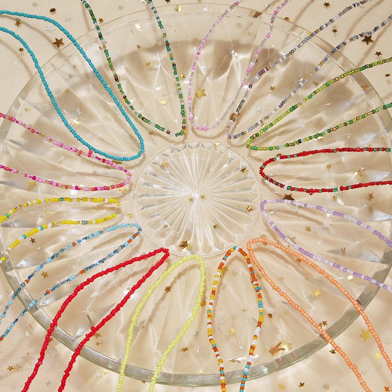 Korean Version of Sweet Dopamine Millet Bead Necklace Girly Style Rainbow Colored Glass Rice Bead Necklace Wholesale for Women