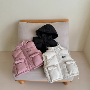 Cross-Border Kidsren's down Cotton Vest 2025 Autumn and Winter Short Thickeneded Warm Waistcoat for Boys and Girls, Stylish Hooded Vest