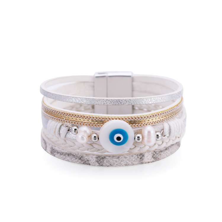 Bohemian multi-layer woven devilu0027s eye pearl leather bracelet
