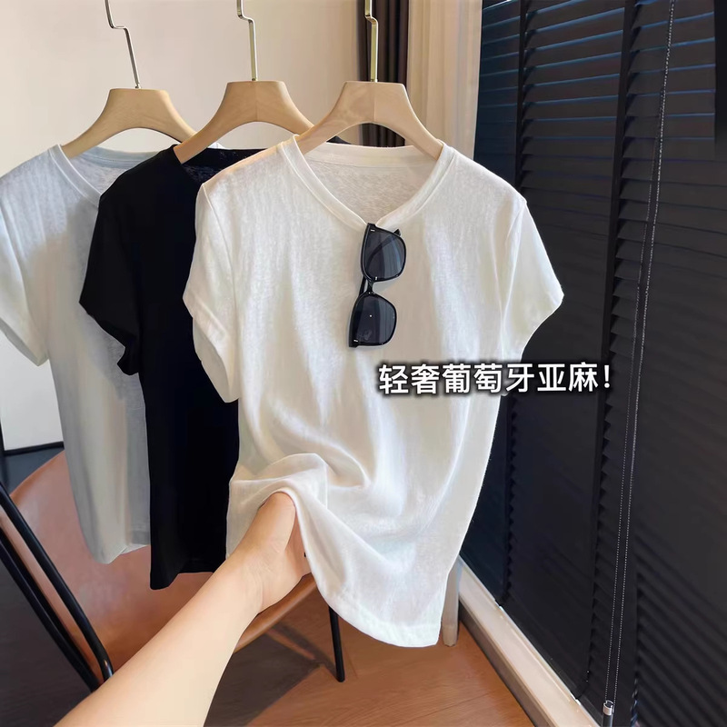 Portuguese Linen! High-End Textured Versatile Slimming Cool Solid Color Round Neck T-Shirt Short Sleeve Women's Summer 2026