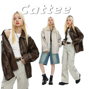 CATTEE翻领皮衣夹克女2023秋季新款长款时髦廓形挺括落肩外套-阿里巴巴