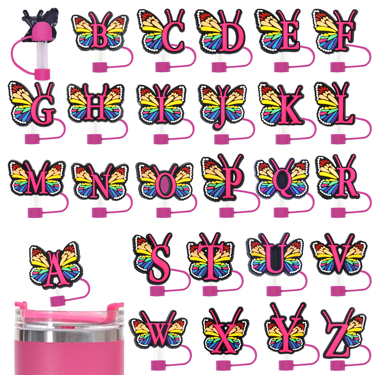 跨境10mm字母蝴蝶防尘吸管帽diy创意卡通吸管装饰扣pvc软胶吸管塞