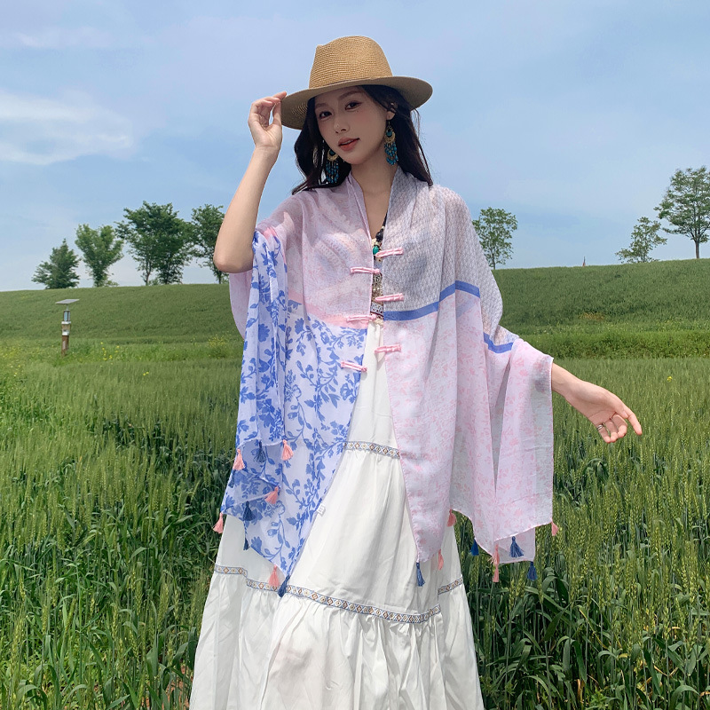 Mantón de protección solar para mujer, vestido exterior de primavera y verano, chal de estilo étnico, hebilla de playa, nuevo cárdigan de capa de estilo chino