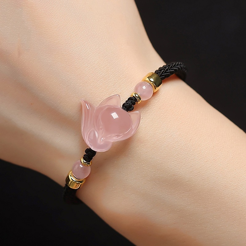 粉水晶小狐狸手鍊紅繩手工編織黑手繩芙蓉石手串閨蜜女飾品