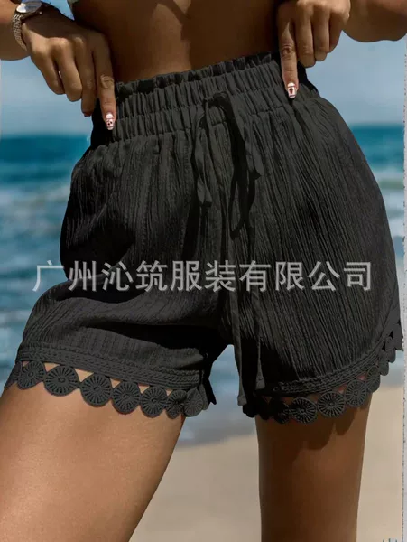 2026 Summer Cross-Border European and American Beach Shorts for Women, Casual Loose High-Waisted Lace Trim Bikini Cover-Up