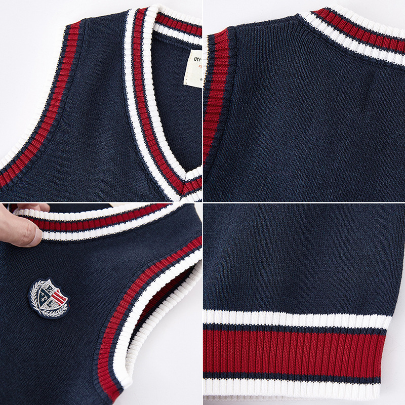 Estilo universitario contraste color suéter para niños suéter chico estudiante uniforme escolar medio y grande niñas chaleco de punto al por mayor